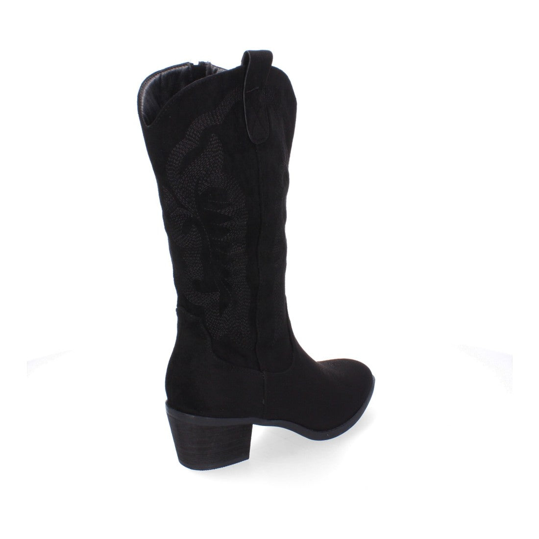 Botas Cowboy con Tacón, Bordado y Punta Redonda - Negro