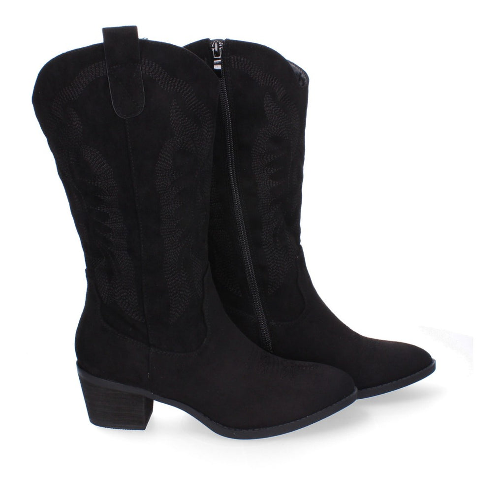 Botas Cowboy con Tacón, Bordado y Punta Redonda - Negro