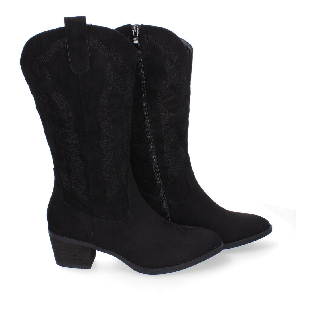 Botas Cowboy con Tacón, Bordado y Punta Redonda - Negro