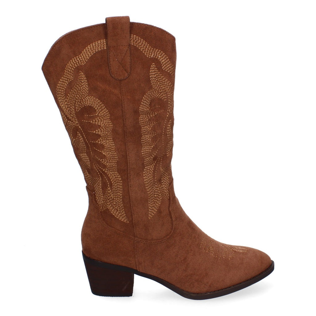 Botas Cowboy con Tacón, Bordado y Punta Redonda - Marrón