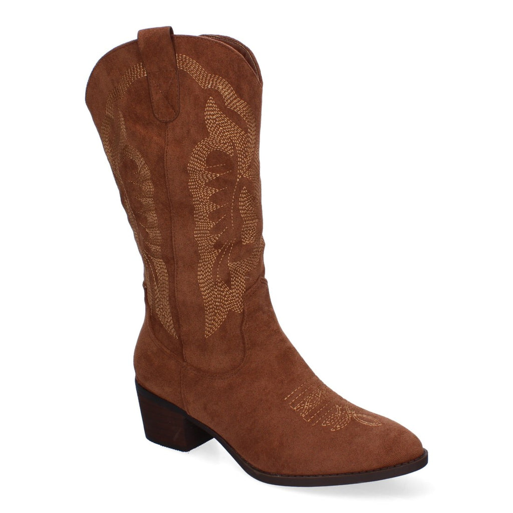 Botas Cowboy con Tacón, Bordado y Punta Redonda - Marrón