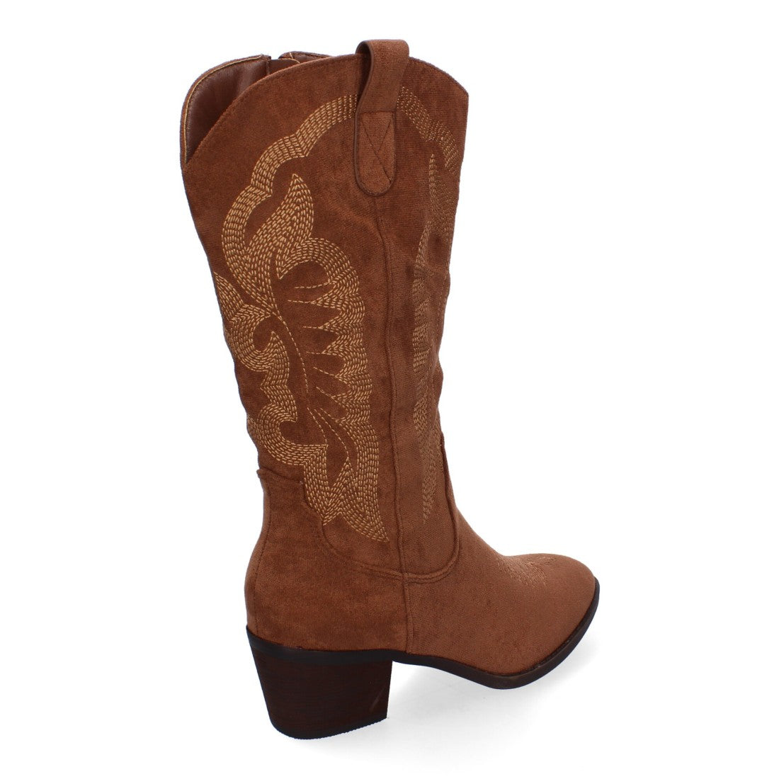 Botas Cowboy con Tacón, Bordado y Punta Redonda - Marrón