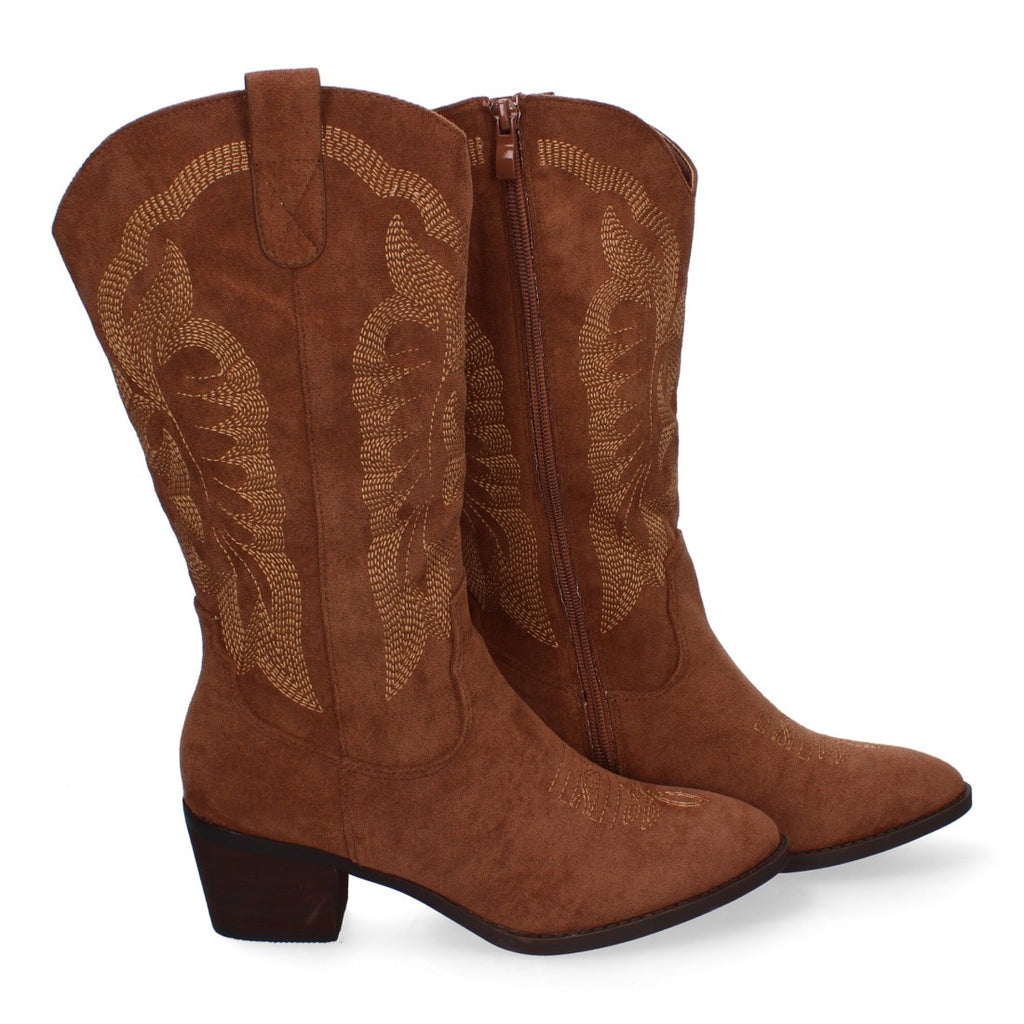 Botas Cowboy con Tacón, Bordado y Punta Redonda - Marrón