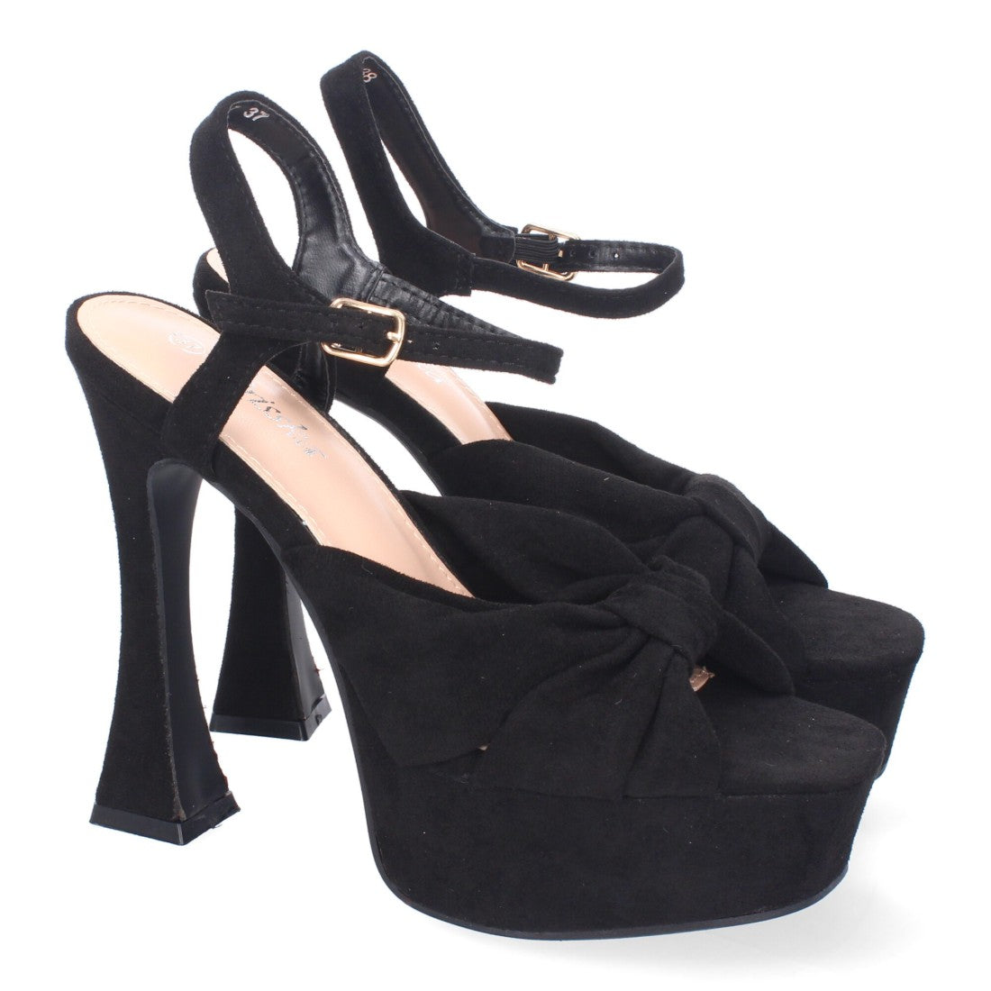 Sandalias Negras Tacón Tiras Cruzadas Empeine Hebilla Fiesta