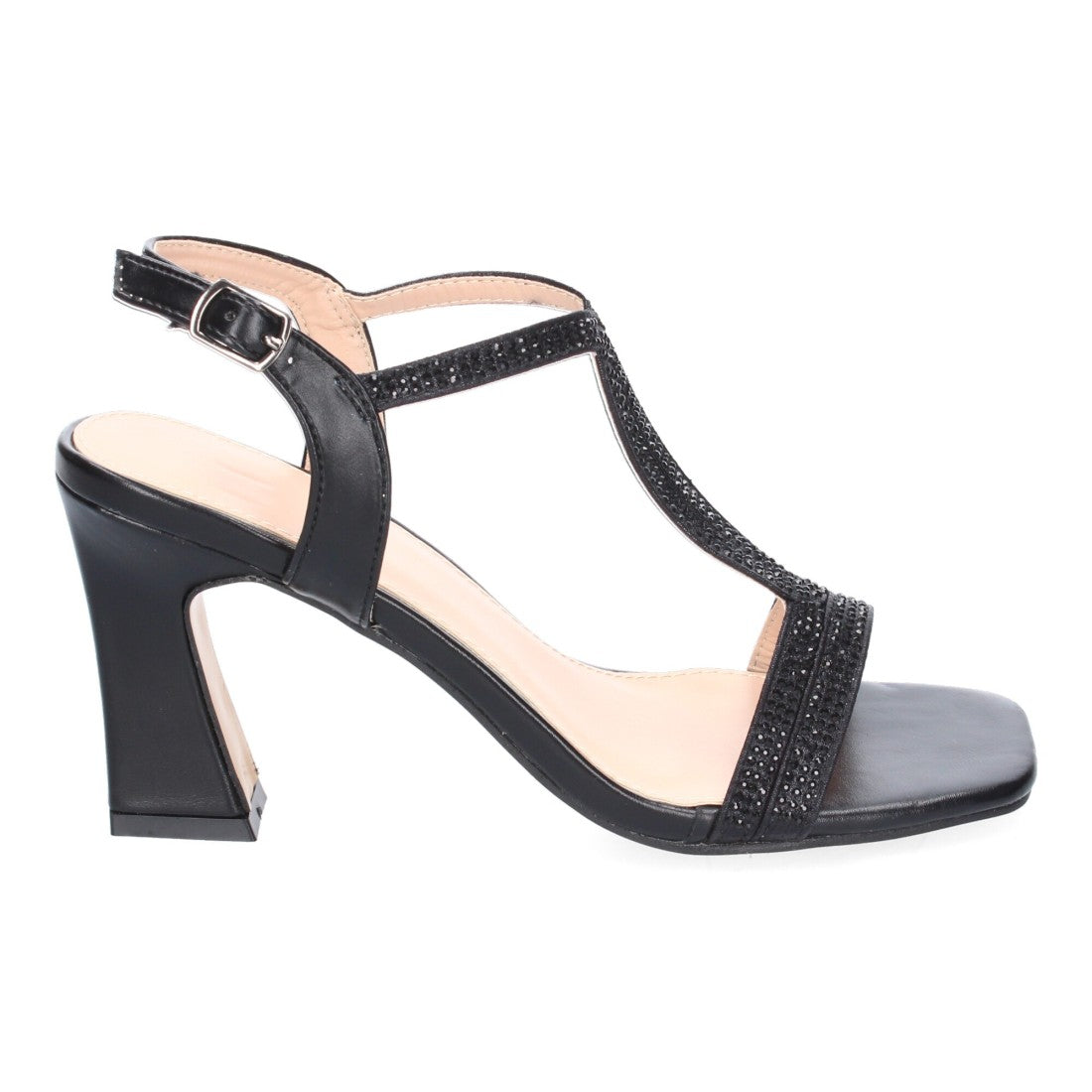 Sandalias Negras Mujer Tacón Tiras Elegantes Adornos Brillantes