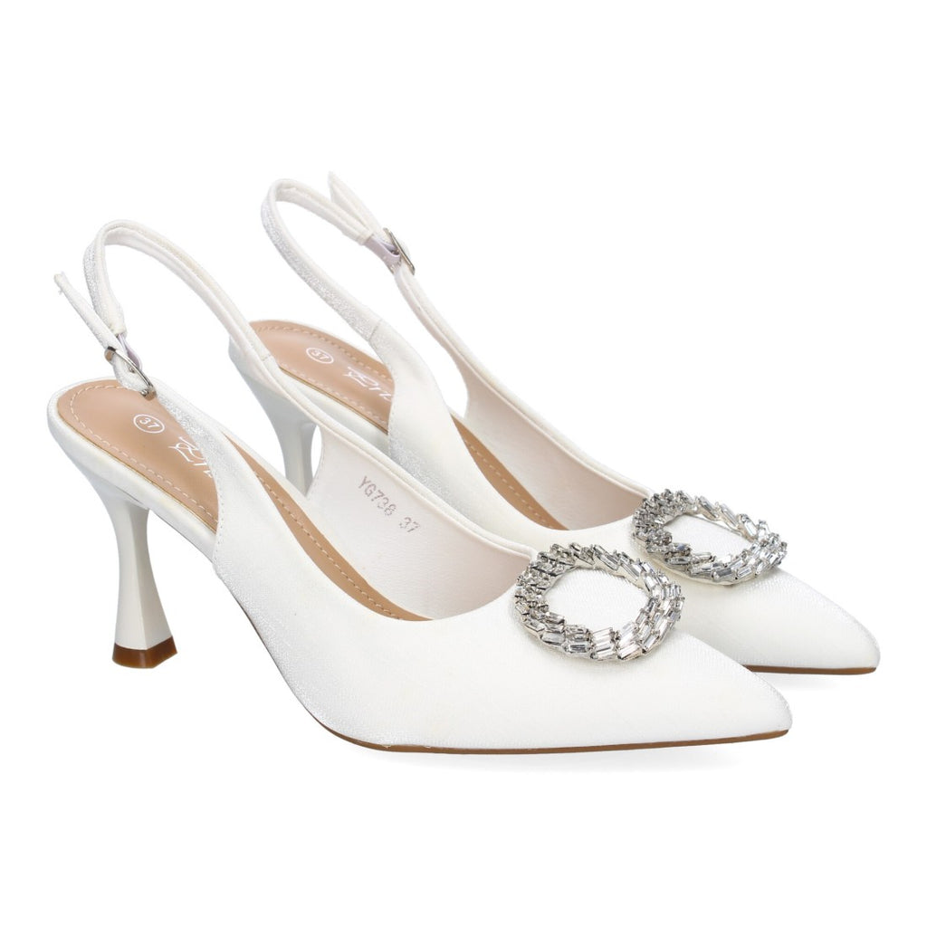 Pumps Blancos Mujer Salón Adorno Brillante Puntera Hebilla Elegantes
