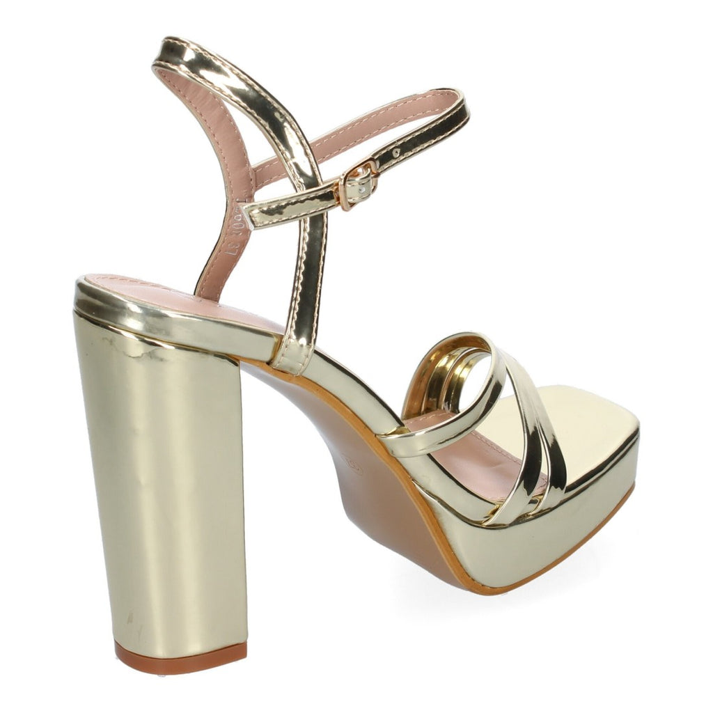 Sandalias Doradas Mujer Tacón Tiras Cruzadas Pala Hebilla Elegantes Fiesta