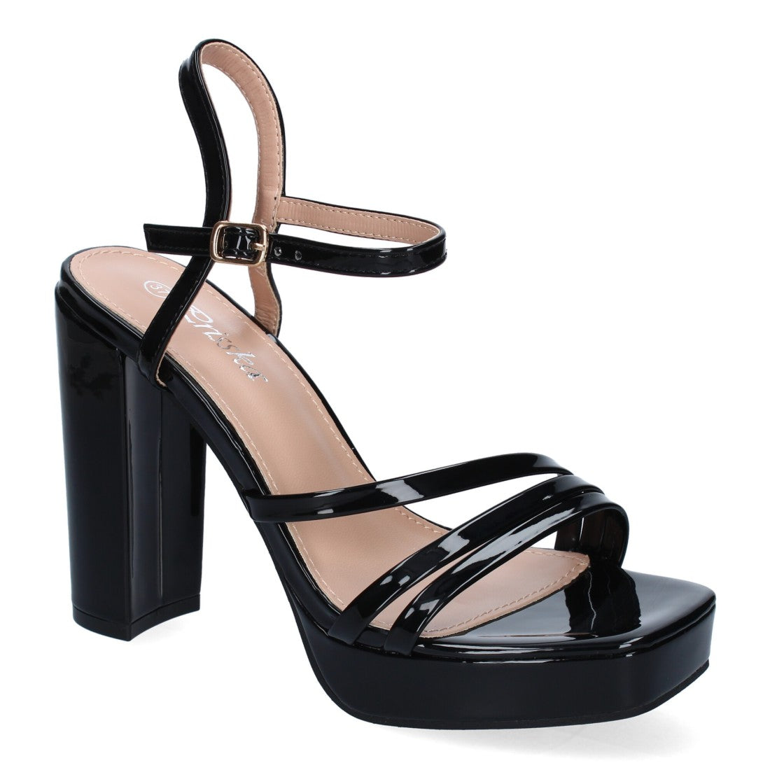 Sandalias Negras Mujer Tacón Tiras Cruzadas Pala Hebilla Elegantes Fiesta