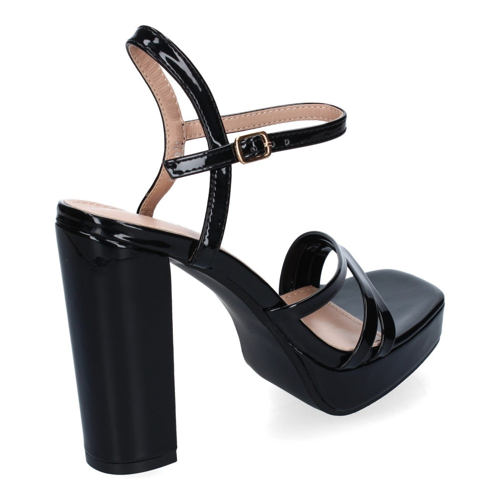 Sandalias Negras Mujer Tacón Tiras Cruzadas Pala Hebilla Elegantes Fiesta