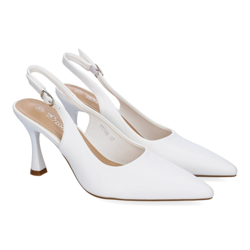 Pumps Blancos Mujer Salón Punta Fina Talón Abierto Hebilla Elegantes