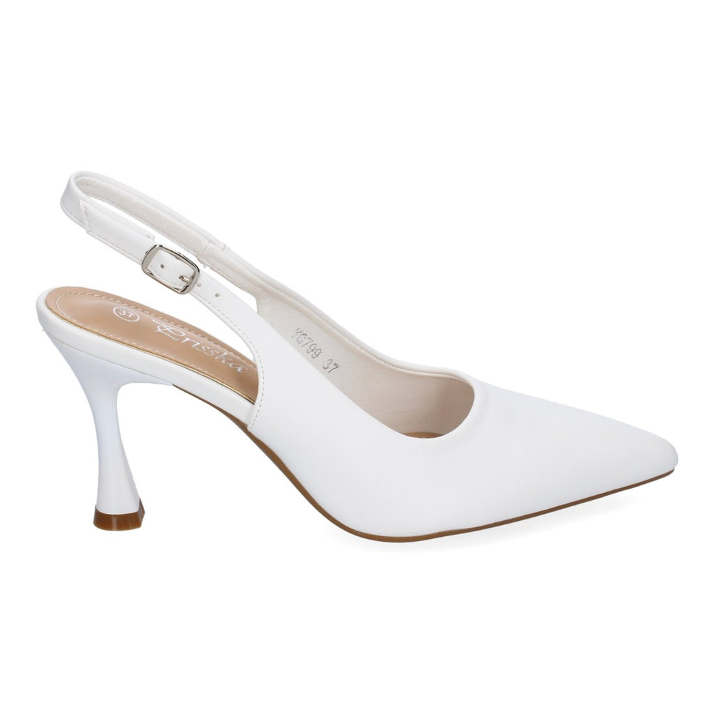 Pumps Blancos Mujer Salón Punta Fina Talón Abierto Hebilla Elegantes