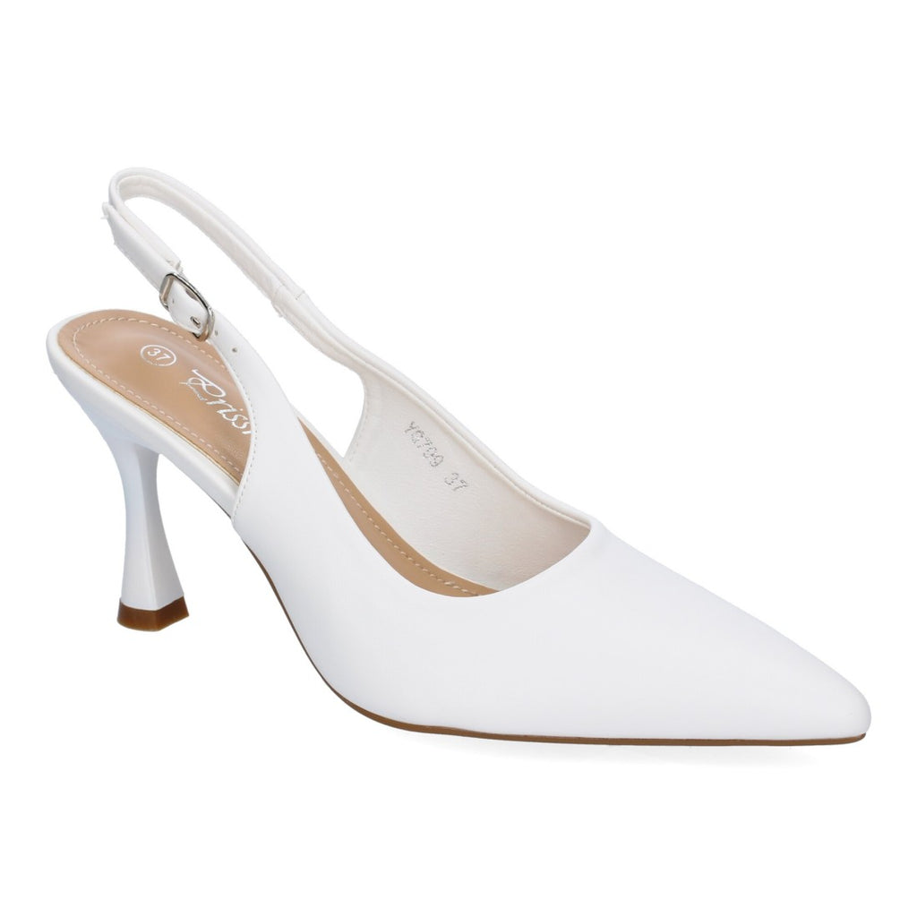 Pumps Blancos Mujer Salón Punta Fina Talón Abierto Hebilla Elegantes