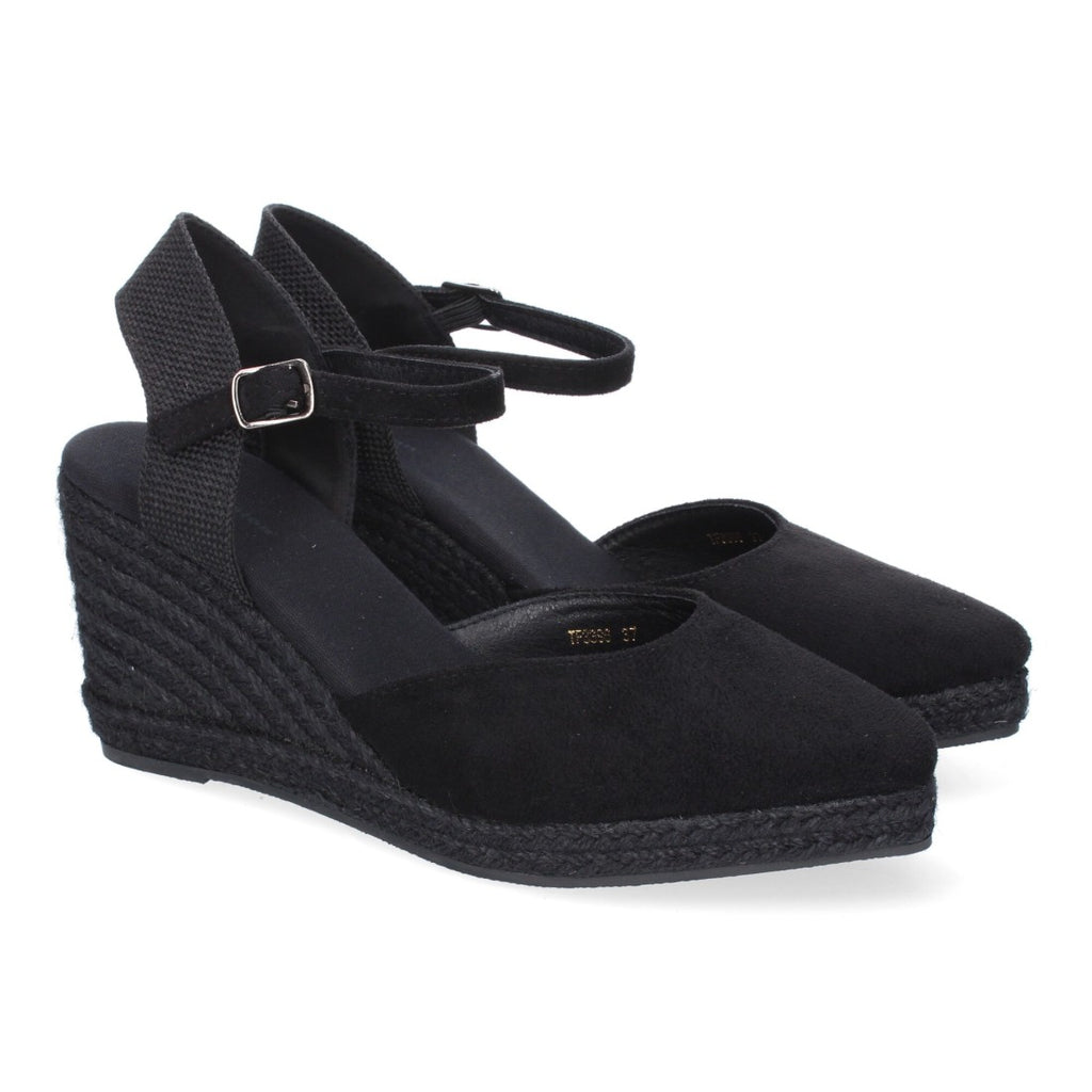 Sandalias Negras Mujer Estilo Valenciana Cuña Yute Elegantes