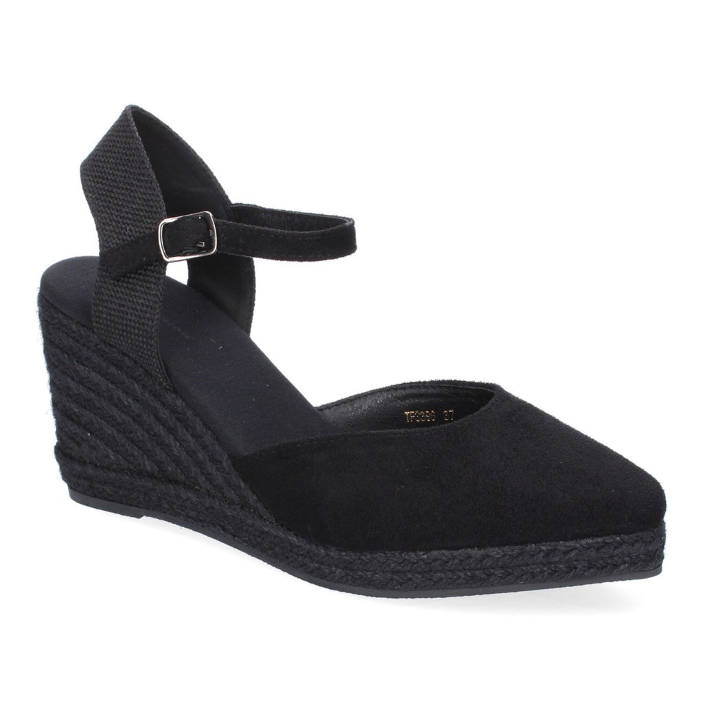 Sandalias Negras Mujer Estilo Valenciana Cuña Yute Elegantes