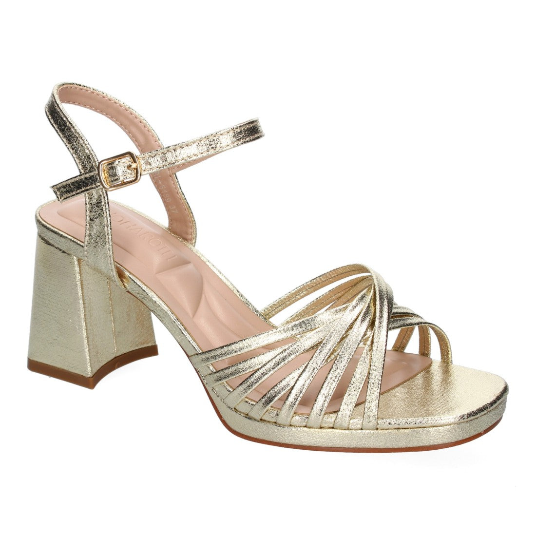 Sandalias Doradas Mujer Tacón Ancho Tiras Enredadas Hebilla Cómodas Fiesta