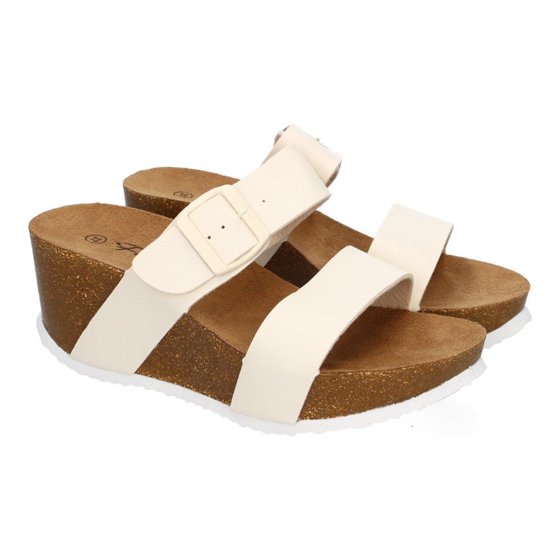 Sandalias Beige Mujer Bio Cuña Pala Fina Hebilla Tacón Elegantes
