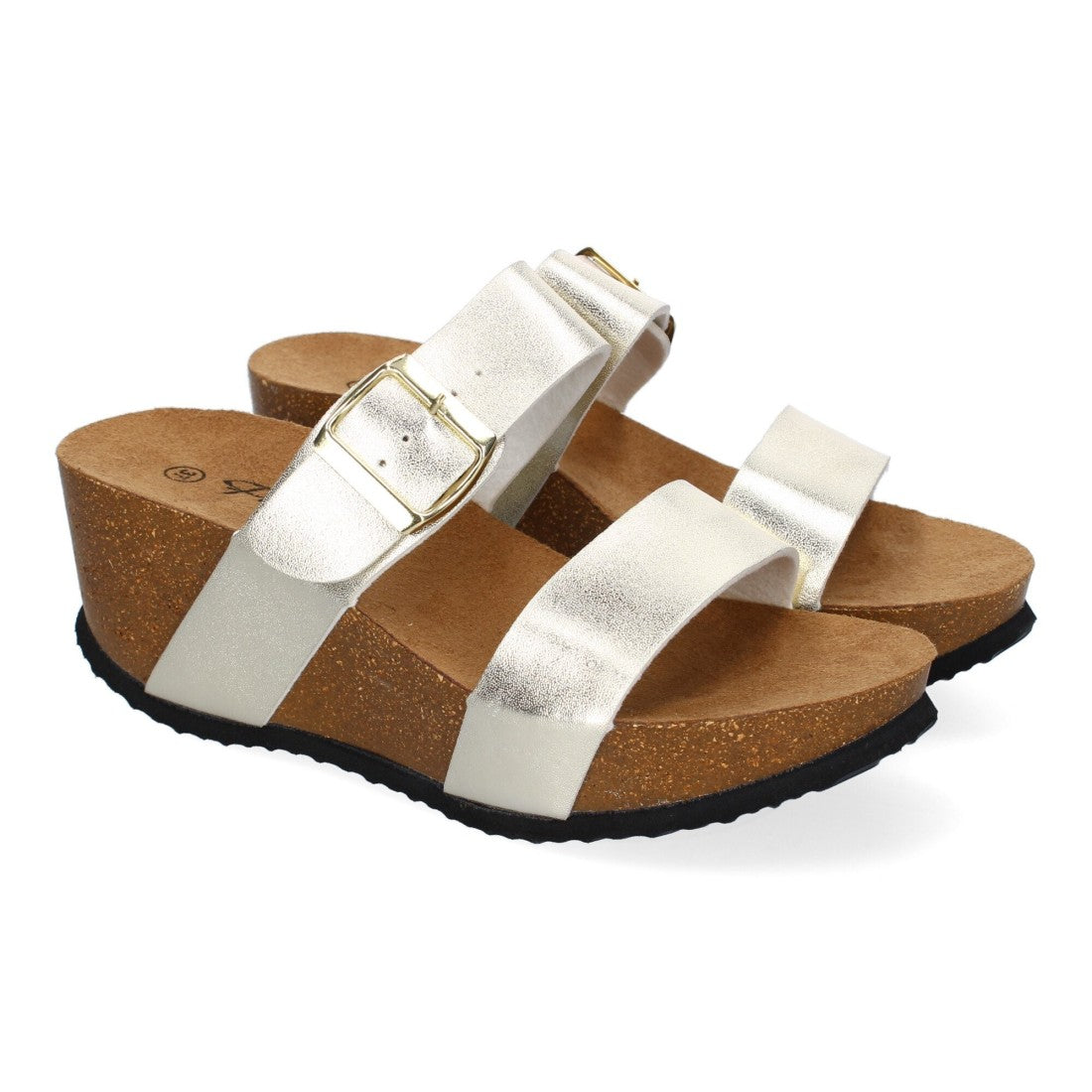 Sandalias Doradas Mujer Bio Cuña Pala Fina Hebilla Tacón Elegantes