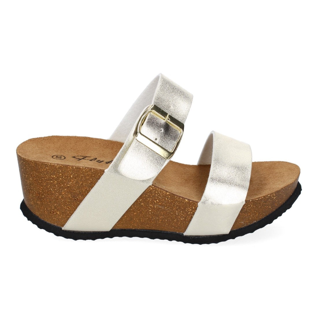 Sandalias Doradas Mujer Bio Cuña Pala Fina Hebilla Tacón Elegantes