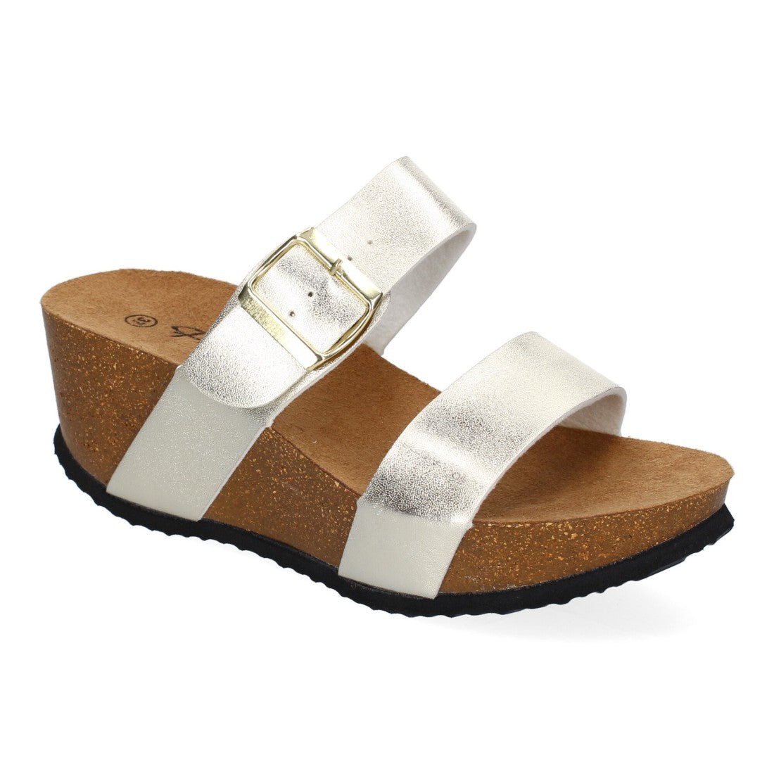 Sandalias Doradas Mujer Bio Cuña Pala Fina Hebilla Tacón Elegantes
