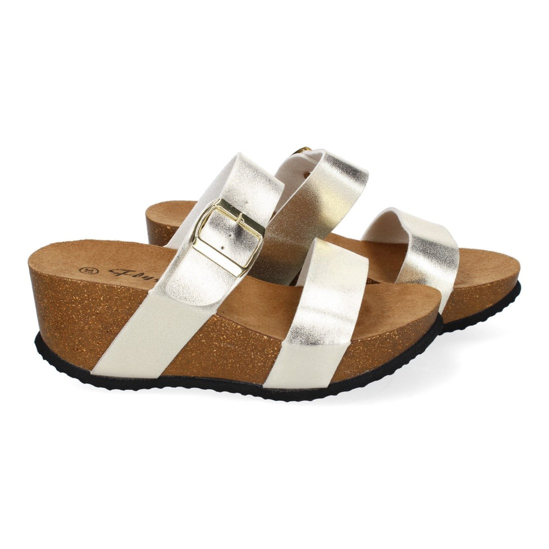 Sandalias Doradas Mujer Bio Cuña Pala Fina Hebilla Tacón Elegantes