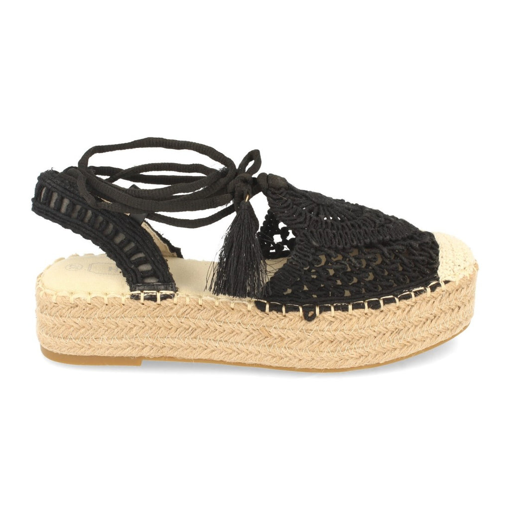 Sandalias Negras Mujer Plataforma Yute Flecos