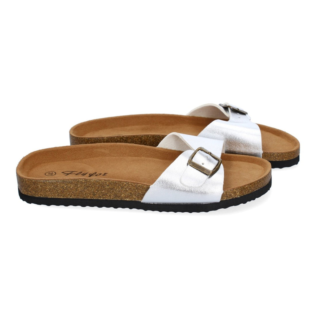 Sandalias Plateadas Mujer Bio Modernas Hebilla Planta Anatómica Elegantes