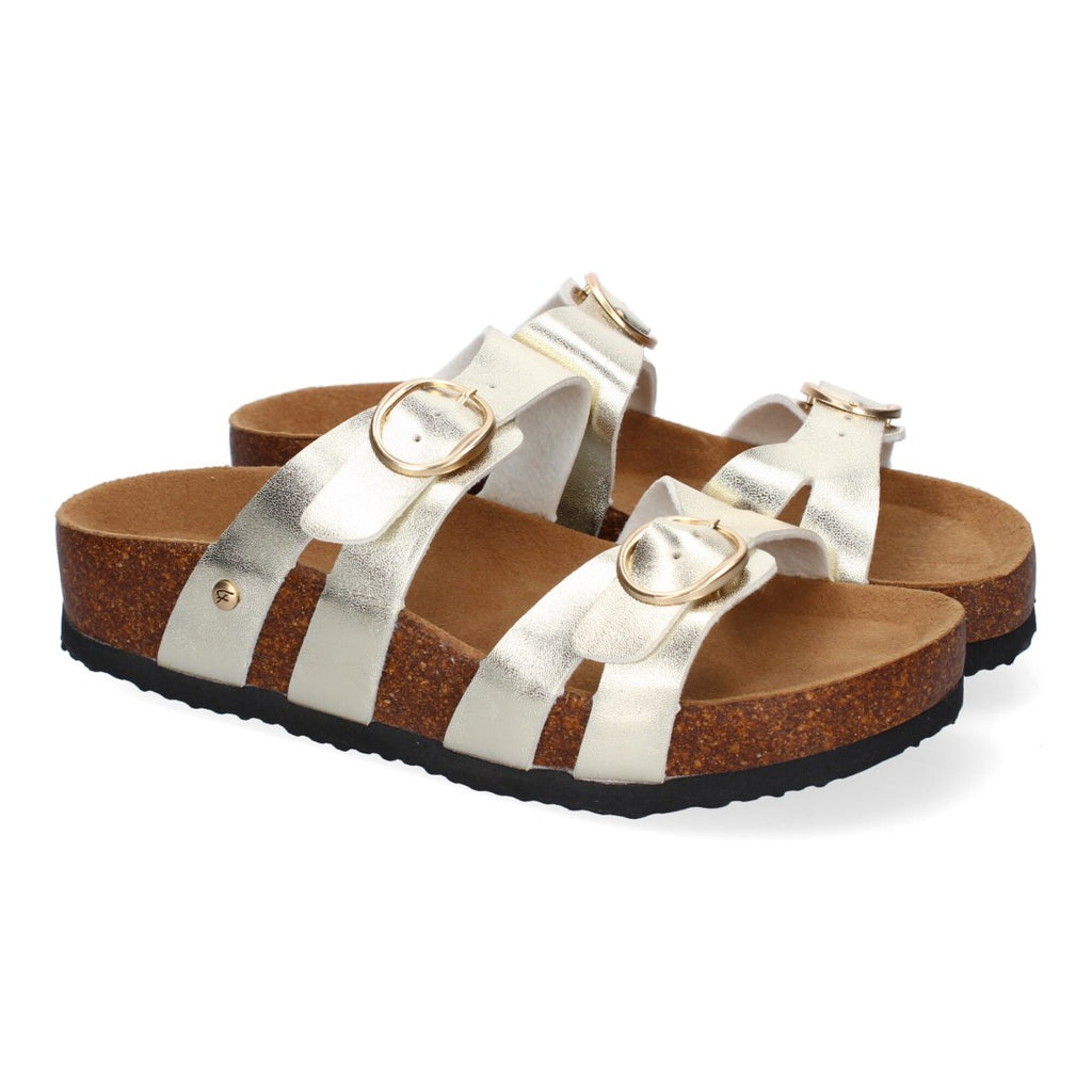 Sandalias Doradas Mujer Planas Doble Hebilla Material Bio Elegantes Cómodas