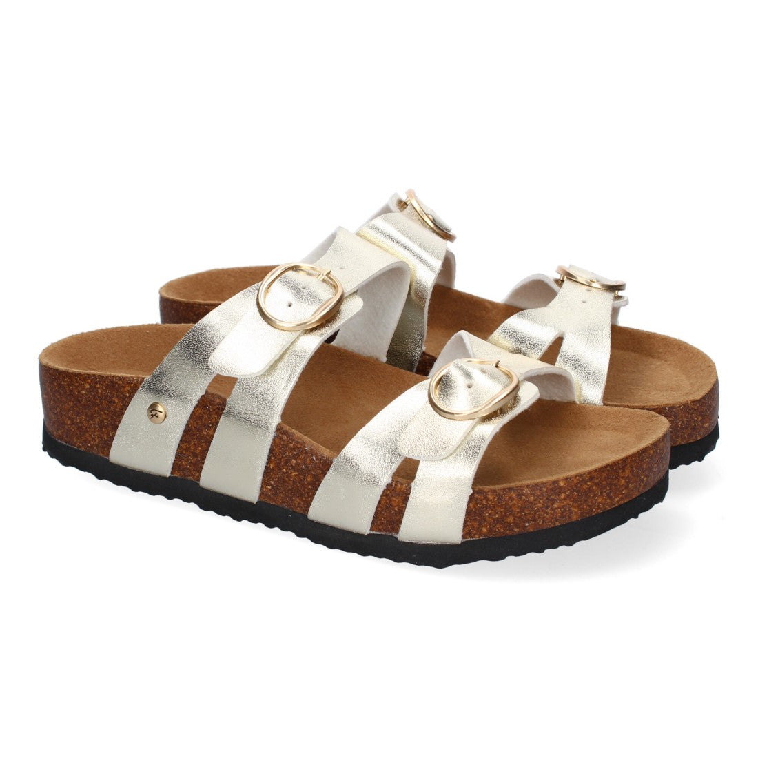 Sandalias Doradas Mujer Planas Doble Hebilla Material Bio Elegantes Cómodas