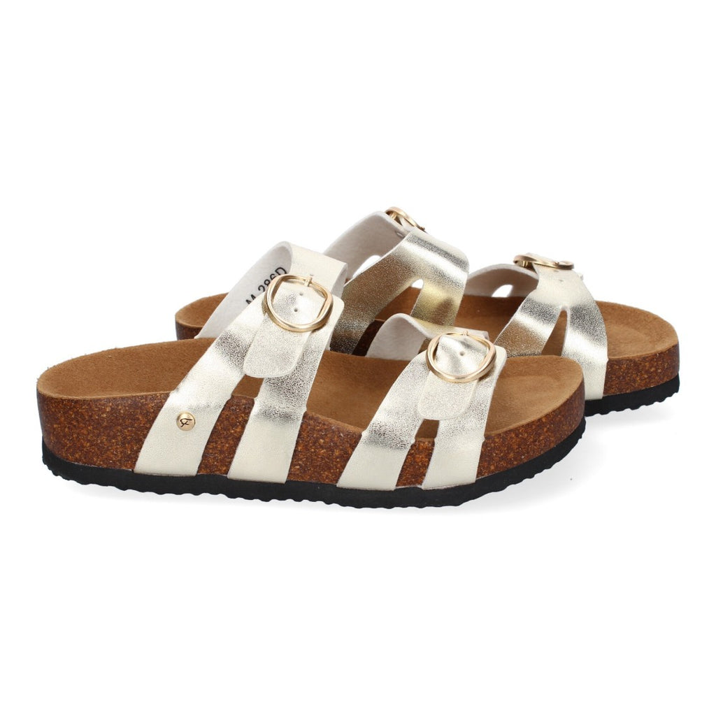 Sandalias Doradas Mujer Planas Doble Hebilla Material Bio Elegantes Cómodas