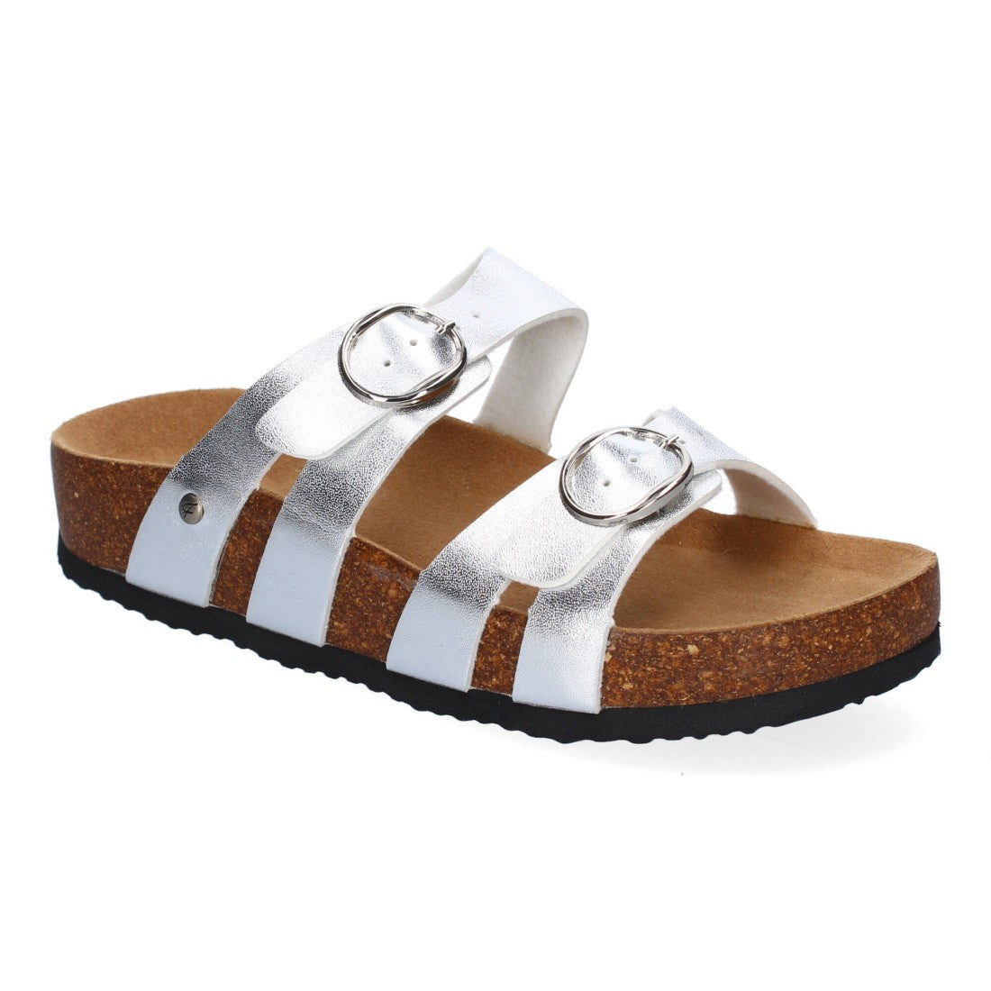 Sandalias Plateadas Mujer Planas Doble Hebilla Material Bio Elegantes Cómodas