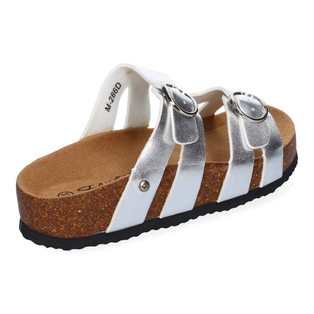 Sandalias Plateadas Mujer Planas Doble Hebilla Material Bio Elegantes Cómodas