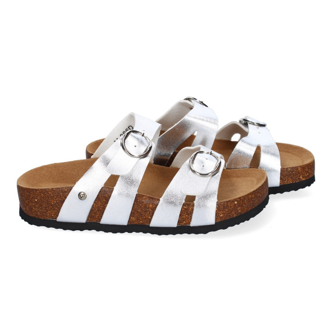 Sandalias Plateadas Mujer Planas Doble Hebilla Material Bio Elegantes Cómodas