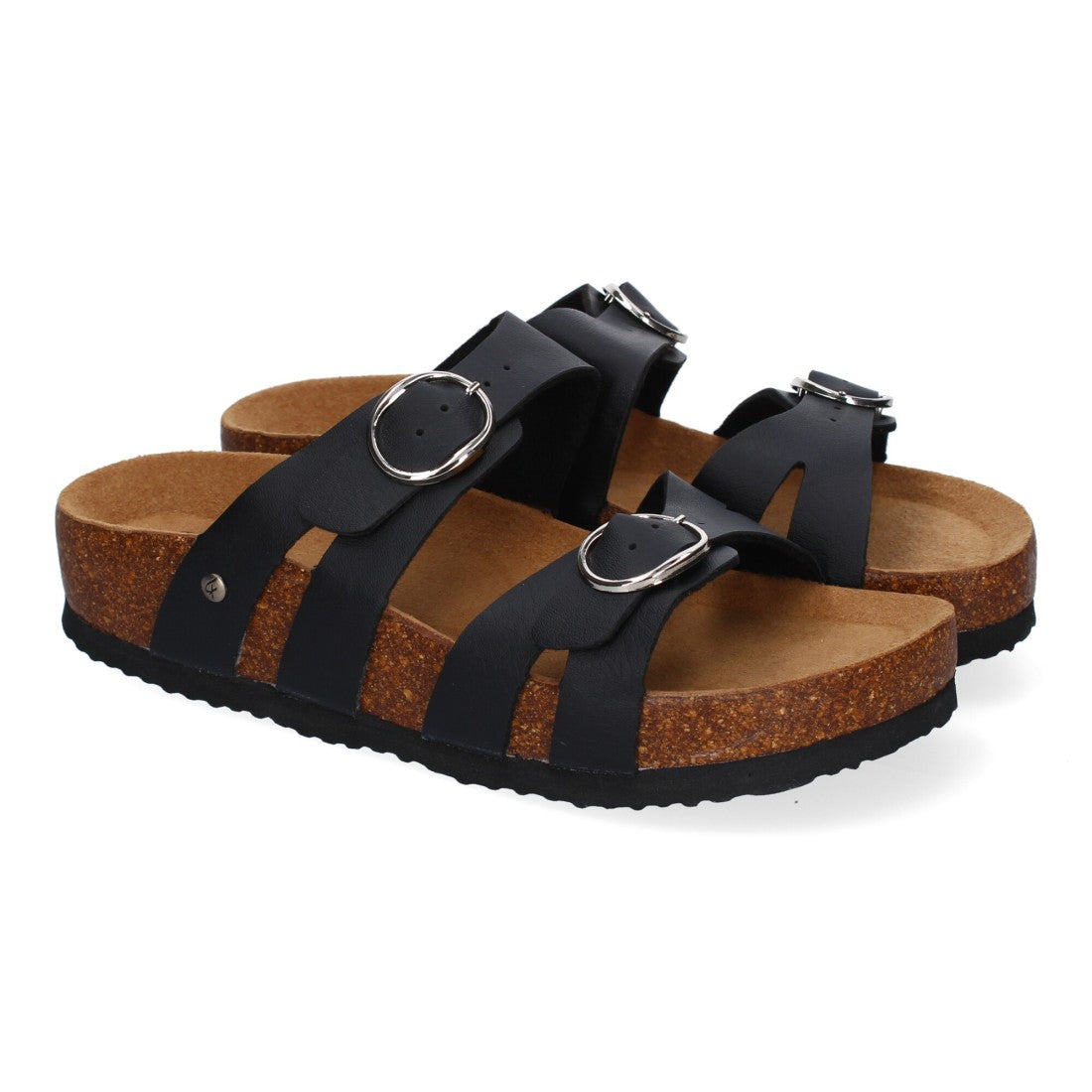 Sandalias Negras Mujer Planas Doble Hebilla Material Bio Elegantes Cómodas