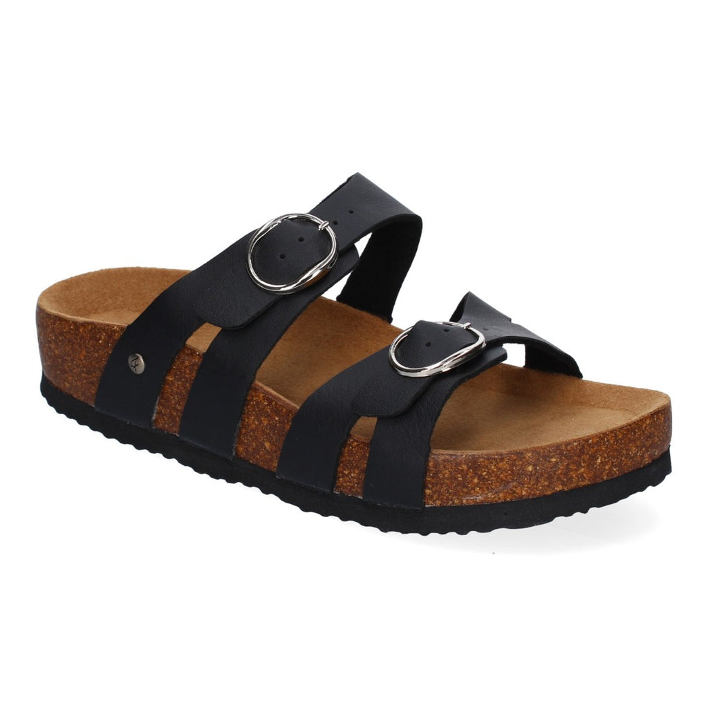 Sandalias Negras Mujer Planas Doble Hebilla Material Bio Elegantes Cómodas