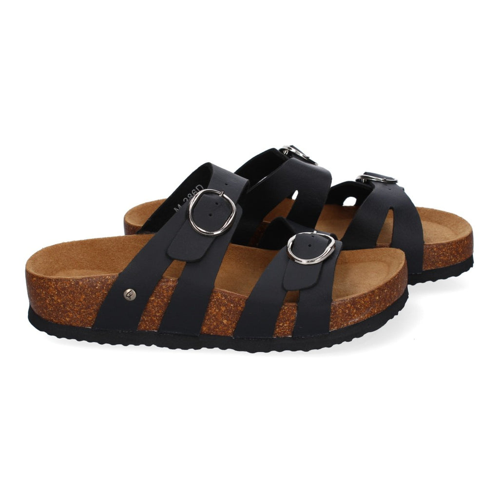 Sandalias Negras Mujer Planas Doble Hebilla Material Bio Elegantes Cómodas