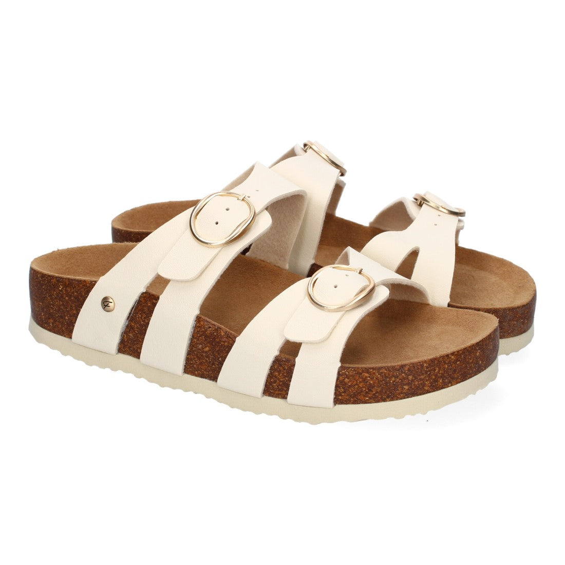 Sandalias Beige Mujer Planas Doble Hebilla Material Bio Elegantes Cómodas