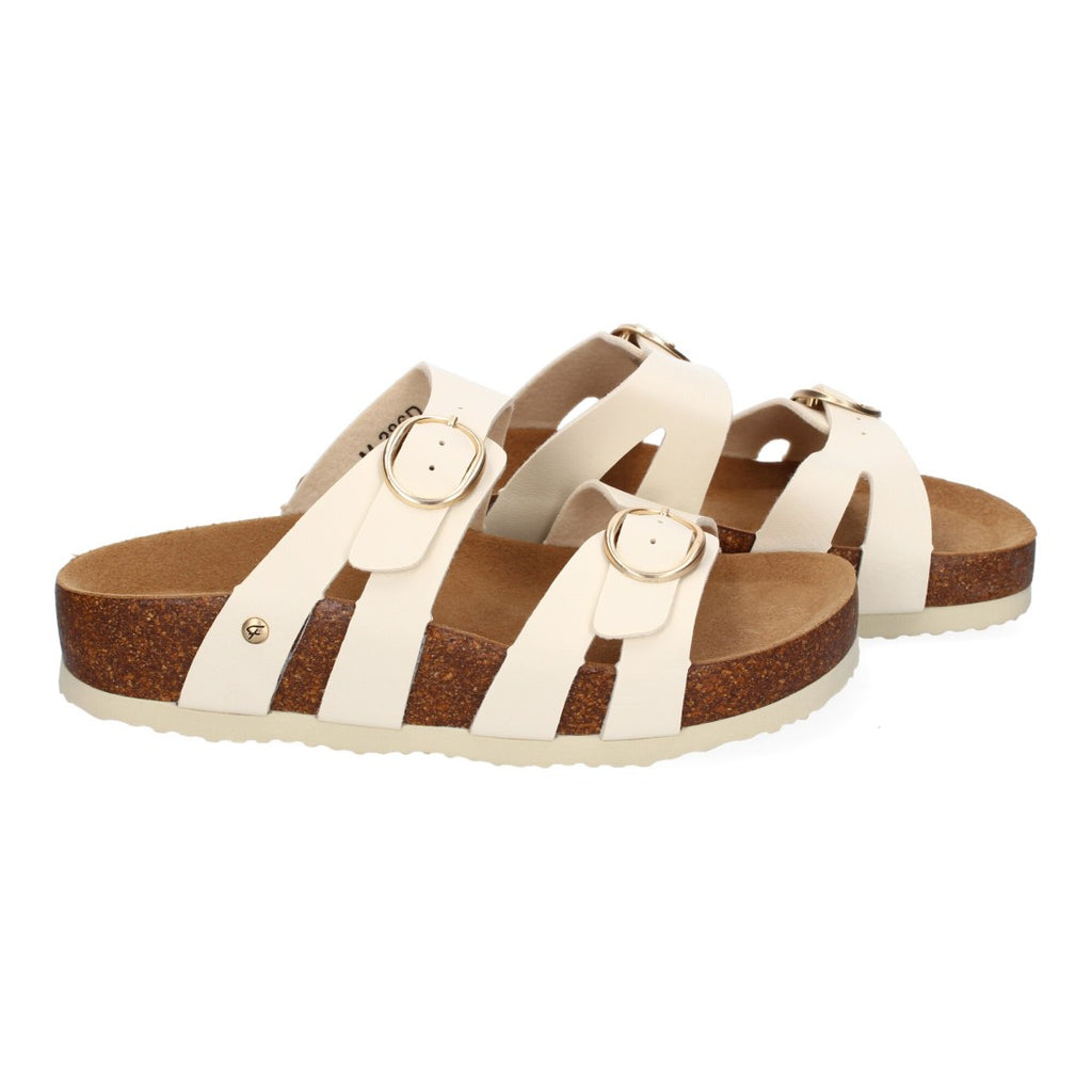 Sandalias Beige Mujer Planas Doble Hebilla Material Bio Elegantes Cómodas