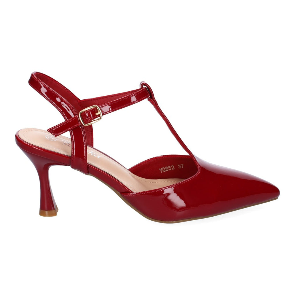 Pumps Burdeos Mujer Tacón Fino Punta Fina Tira Empeine Hebilla Elegantes