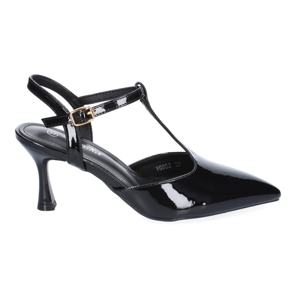 Pumps Negros Mujer Tacón Fino Punta Fina Tira Empeine Hebilla Elegantes