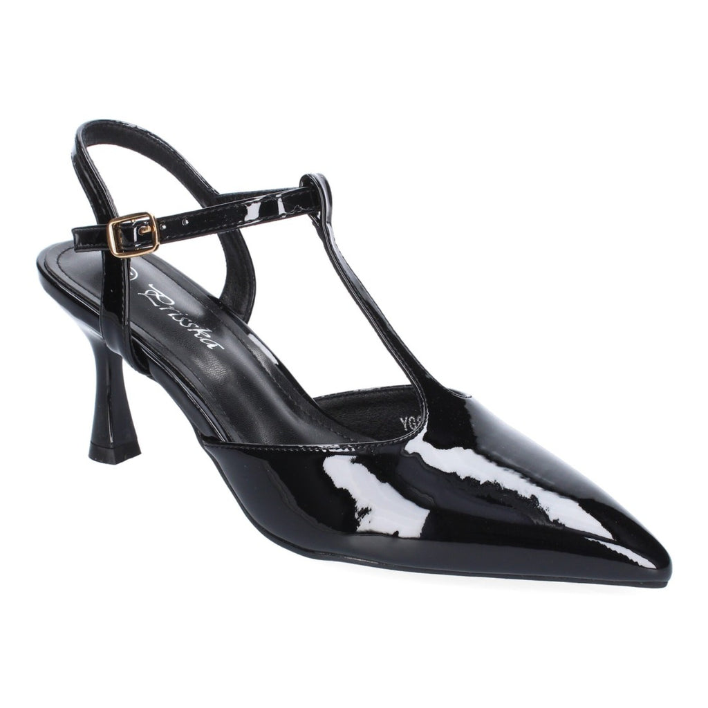 Pumps Negros Mujer Tacón Fino Punta Fina Tira Empeine Hebilla Elegantes