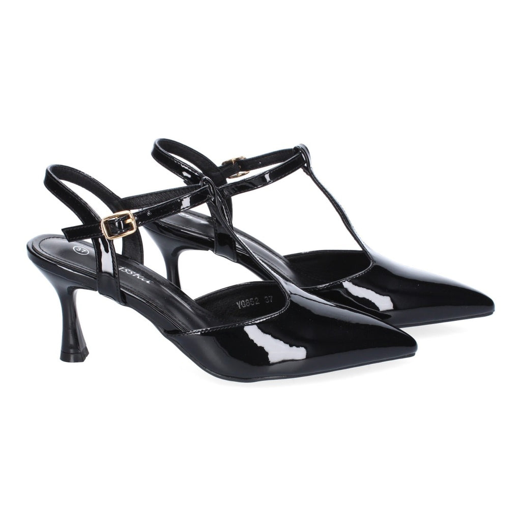 Pumps Negros Mujer Tacón Fino Punta Fina Tira Empeine Hebilla Elegantes