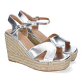 Sandalias Plateadas Mujer Cuña Yute Tiras Cruzadas Elegantes