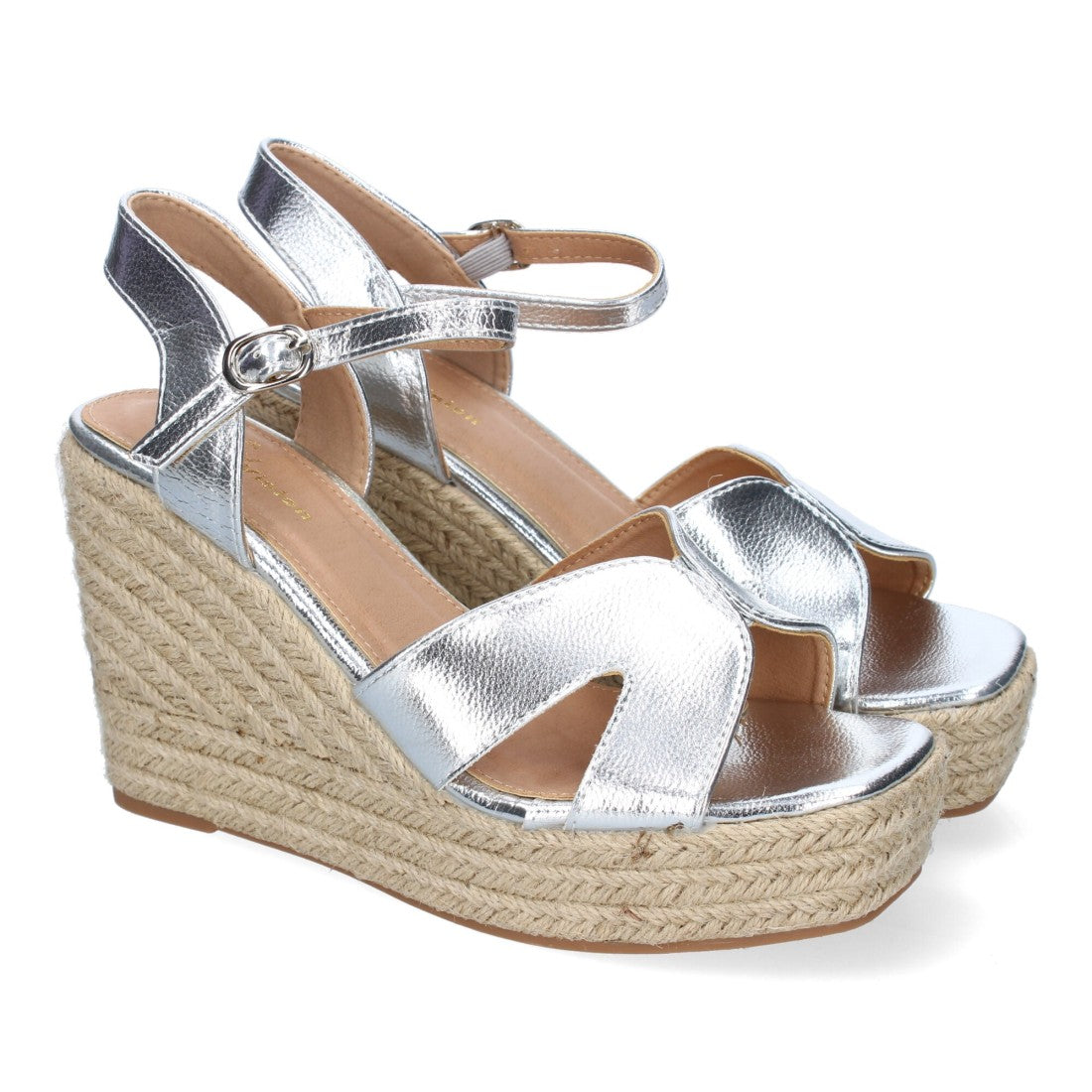 Sandalias Plateadas Mujer Cuña Yute Tiras Cruzadas Elegantes