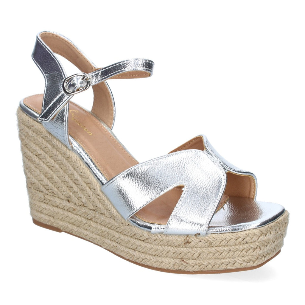 Sandalias Plateadas Mujer Cuña Yute Tiras Cruzadas Elegantes