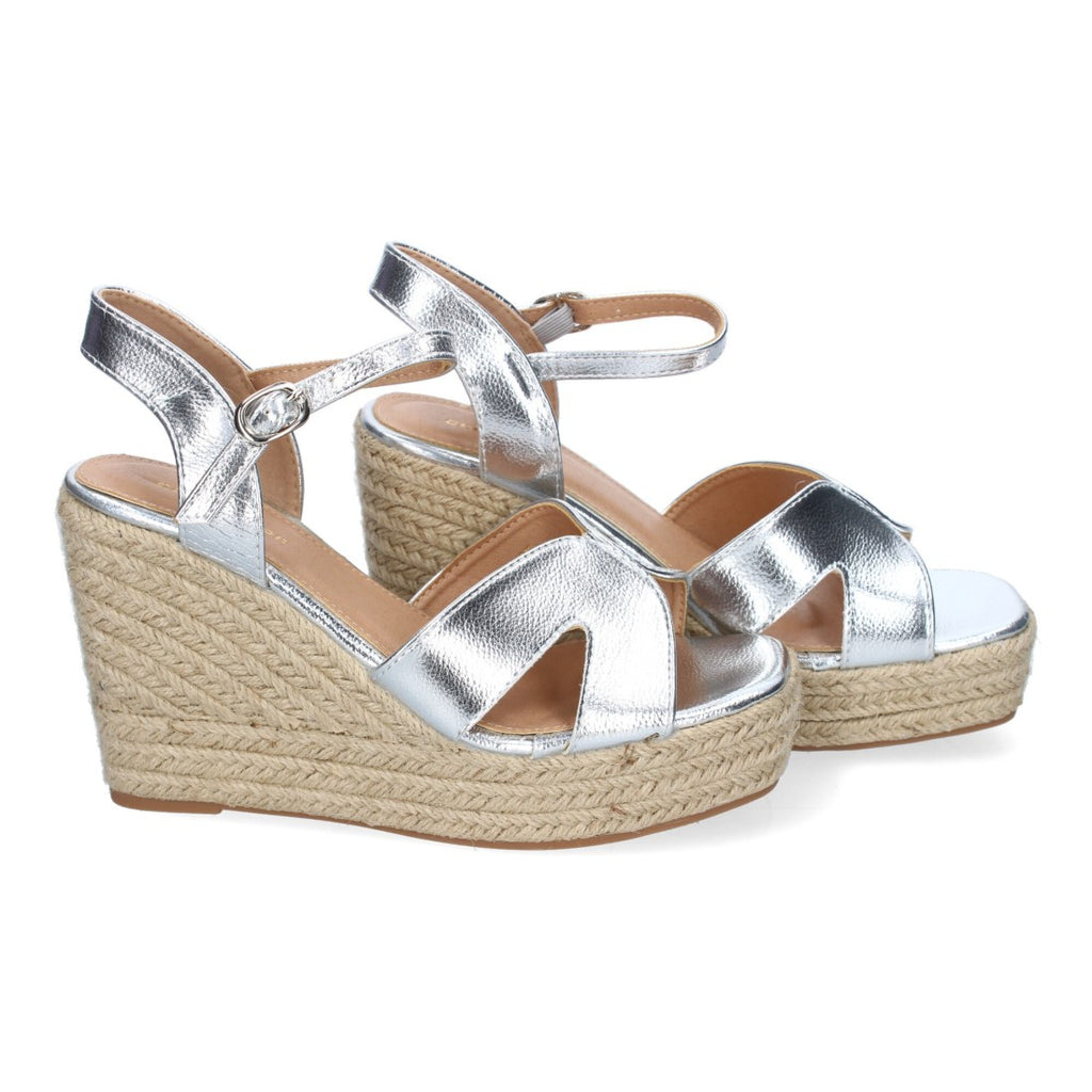 Sandalias Plateadas Mujer Cuña Yute Tiras Cruzadas Elegantes