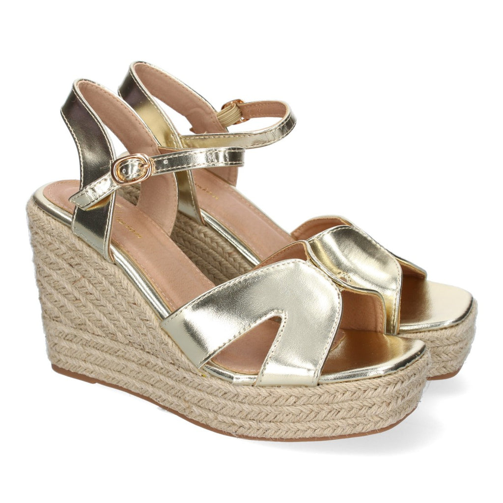 Sandalias Doradas Mujer Cuña Yute Tiras Cruzadas Elegantes