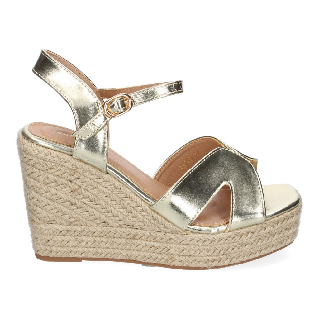 Sandalias Doradas Mujer Cuña Yute Tiras Cruzadas Elegantes