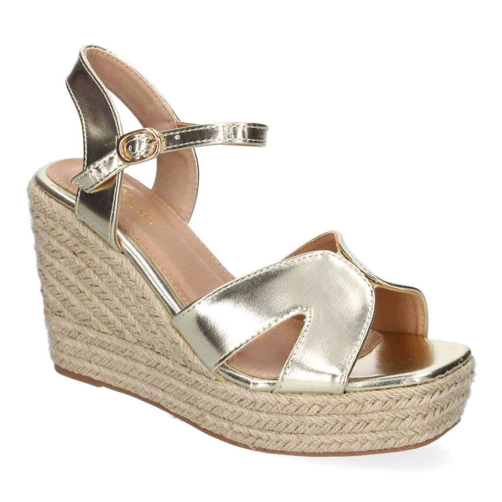 Sandalias Doradas Mujer Cuña Yute Tiras Cruzadas Elegantes