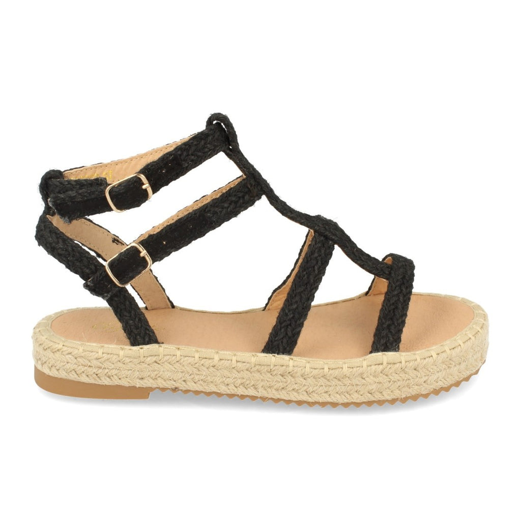 Sandalias Negras Mujer Planas Pala T Yute Hebilla Elegantes