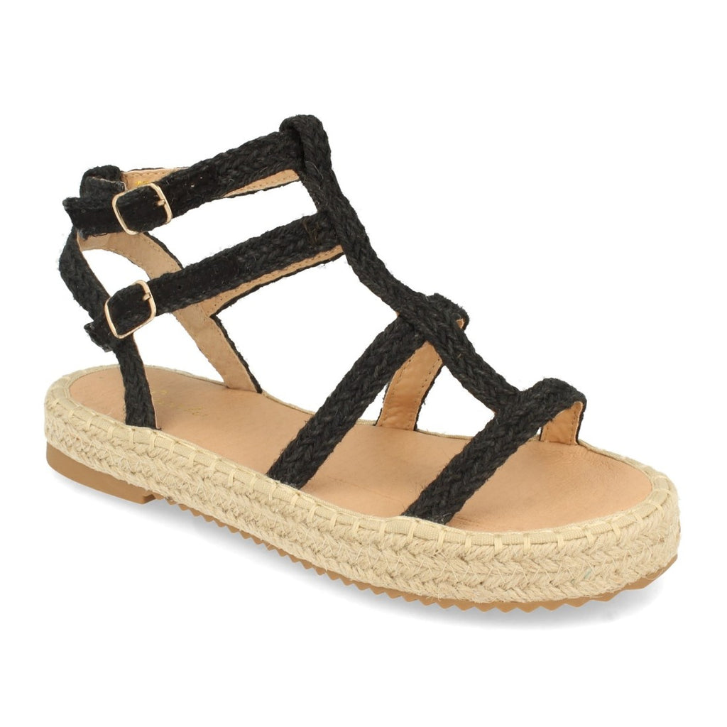 Sandalias Negras Mujer Planas Pala T Yute Hebilla Elegantes